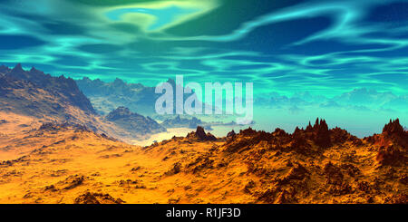 Fantasy pianeta alieno. La montagna e l acqua. 3D illustrazione Foto Stock