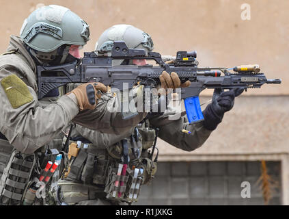 13 novembre 2018, Brandeburgo, Bernau: il Comando Operazioni Speciali (SEK) funzionari prendere parte ad un anti-terrorismo di esercizio. Per la prima volta in questa dimensione, il quartier generale della polizia effettuerà una due giorni di pieno esercizio su un attacco terroristico scenario. L' esercizio " Atto 2018' (azione contro il terrore 2018) si concentra su un attacco multiplo scenario con diverse posizioni di esercizio. Lo scopo di questo esercizio è esaminare i concetti funzionali redatto e l'interazione di tutte le unità di polizia coinvolti e di trarre conclusioni per ulteriori misure se necessario. Foto: Patrick Pleul/dpa-Zentralbild/dpa Foto Stock