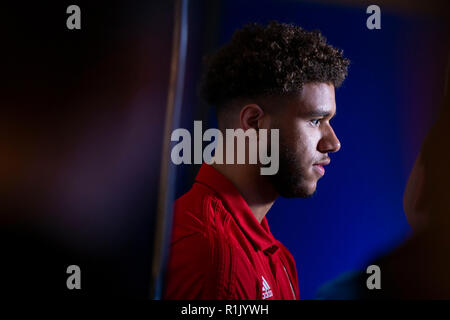 Cardiff Wales, Regno Unito, 13 novembre 2018. In Galles il calciatore Tyler Roberts durante una conferenza stampa presso il St Fagans Museo di Storia gallese di Cardiff in anticipo delle Nazioni UEFA League contro la Danimarca. Credito: Mark Hawkins/Alamy Live News Foto Stock