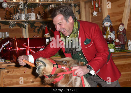 Henndorf, Austria. Il 13 novembre 2018. Il cantante Patrick Lindner alimenta un pony con una carota per la tradizionale apertura del mercatino di Natale a Gut Aiderbichl. I 90 minuti di programma "Weihnachten auf Gut Aiderbichl" sarà trasmesso su SAT.1 oro il 19 dicembre 2018. Credito: Volker Dornberger/dpa/Alamy Live News Foto Stock