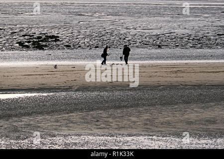 Weston-super-Mare, Regno Unito. 13 Novembre, 2018. Regno Unito: meteo su un pomeriggio nuvoloso con intervalli di sole, metal detectorists cerca la spiaggia. Keith Ramsey/Alamy Live News Foto Stock