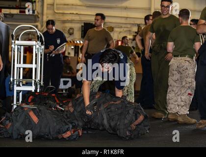 Mare Arabico (ott. 8, 2018) - di Boatswain mate 1. Classe Clarissa Garcia, assegnato all assalto unità artigianali (ACU) 5, si muove un carico netto dell'hangar bay di Wasp-Class Amphibious Assault nave USS Essex (LHD 2) durante un rifornimento verticale mentre su un regolarmente la distribuzione programmata di Essex anfibio gruppo pronto (ARG) e xiii Marine Expeditionary Unit (MEU). L'Essex è una letale, flessibile e persistente Navy-Marine Corps team distribuito negli Stati Uniti Quinta Flotta area di operazione a sostegno di operazioni navali per garantire stabilità marittimo e la sicurezza nella regione centrale di collegamento del Mediterrane Foto Stock