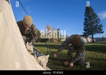 Stati Uniti Marine Corps Cpl. Nathan McKean, sinistra e Cpl. Blake saggi con sede reggimento, 2° Marine Logistics Group in avanti e fissare il lato di un riparo durante la costruzione della seconda MLG in avanti il comando del centro di funzionamento per Trident frangente 18 in Norvegia, il 7 ottobre 2018. Trident frangente 18 è parte di un esercizio pianificato serie per migliorare gli Stati Uniti e gli alleati della NATO la loro capacità di lavorare insieme collettivamente a condurre operazioni militari sotto condizioni impegnative. Foto Stock