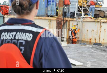 Coast Guard Petty Officer di terza classe Lisa palla, un marine science technician attaccato al settore mobile, Ala, supervisiona l'inquinamento-mitigazione come un sommozzatore di soccorso da risolvere Marine Group scende in acqua in New Bern, N.C., domenica 7 ottobre, 2018. La Guardia Costiera ha collaborato con la Carolina del Nord la fauna selvatica delle risorse la Commissione e gli Stati Uniti Agenzia per la protezione ambientale sotto un comando unificato per effettuare il supporto di emergenza funzione-10 di missione che ha agito per ridurre al minimo i danni ambientali dopo l uragano Firenze. Foto Stock