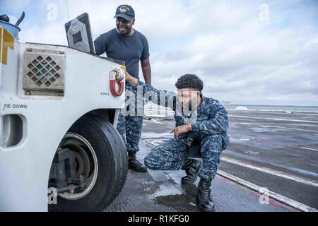 NORFOLK, Virginia (ott. 11, 2018) Aviazione Equipaggiamento di supporto tecnico Airman Markus Watson, a destra da Trenton, New Jersey, aviazione e delle attrezzature di supporto tecnico di terza classe Alvin Carter, da Austin, Texas, condurre una verifica finale dopo un cambio dell'olio a bordo della portaerei USS George H.W. Bussola (CVN 77). La nave è in porto a Norfolk, Virginia, conduzione di routine di esercizi di allenamento per mantenere la disponibilità del gestore. Foto Stock