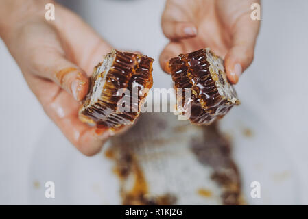 Tenendo in mano un pezzo di nido d'ape. I nidi d'ape in un telaio di legno con cellule pieno di miele sigillato con cera Foto Stock