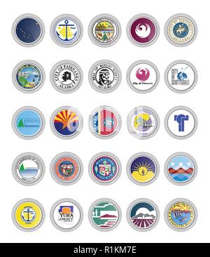 Set di icone vettoriali. Bandiere di Alaska e Arizona Stati, STATI UNITI D'AMERICA. 3D'illustrazione. Illustrazione Vettoriale