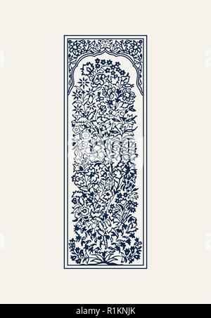 Tintura indaco il blocco di legno stampati addobbo floreale in frame. Tradizionale etnica motif del nord India,blu scuro su sfondo ecrue. Per il vostro design. Illustrazione Vettoriale