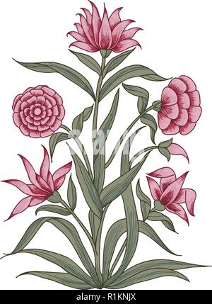 Blocco di legno vettore stampa elemento floreale. Tradizionale orientale motivo etnico dell India Mogul, mazzo di garofani rosa isolato su sfondo bianco. Illustrazione Vettoriale