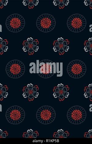 Tintura indaco seamless pattern stencil, giapponese il motivo tradizionale con fiori di ciliegio e peonia fiori e fiori. Bianco e rosso su blu navy. Illustrazione Vettoriale