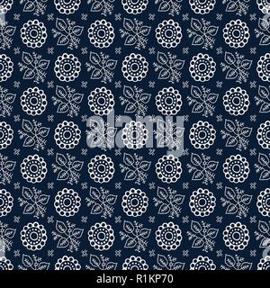 Seamless tintura indaco woodblock stampato disegno floreale. Vettore ornamento etnico, tradizionale russo motif con foglie e fiori, ecru su blu navy. Illustrazione Vettoriale