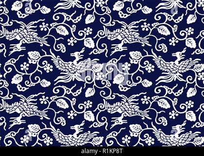 Seamless colorante indaco pattern stencil, giapponese il motivo tradizionale con gli uccelli e le vigne. Bianco su sfondo blu scuro. Illustrazione Vettoriale