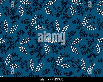 Seamless indigo woodblock stampato disegno floreale. Vettore ornamento etnico, tradizionale russo con motif navy blue vitigni e ecru grappoli di fiori. Illustrazione Vettoriale