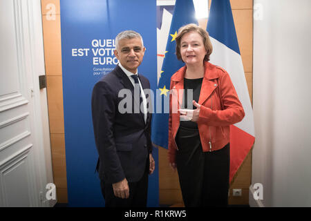 Sindaco di Londra Sadiq Khan incontra Nathalie Loiseau, ministro francese degli affari europei presso il suo ufficio a Parigi. Foto Stock