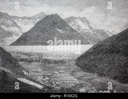 Digital riproduzione migliorata, il ghiacciaio di Aletsch glacier lago, con il lago MÃ¤rjelensee, Aletschgletscher, o Grande Aletsch Glacie, è il più grande ghiacciaio delle Alpi, Svizzera, nell'anno 1888 Foto Stock