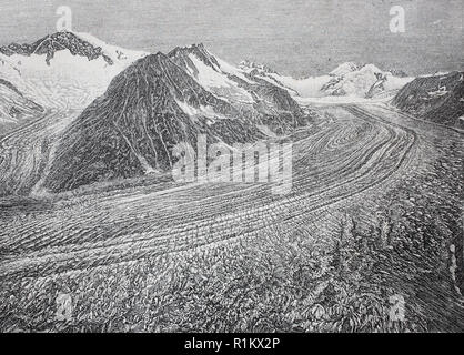 Digital riproduzione migliorata, il ghiacciaio di Aletsch, Aletschgletscher, o il grande ghiacciaio di Aletsch, è il più grande ghiacciaio delle Alpi, Svizzera, visto dall'Eggishorn Foto Stock