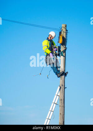 BT Openreach le telecomunicazioni a banda larga tecnico che lavora su apparecchiature montate su un palo di legno Foto Stock