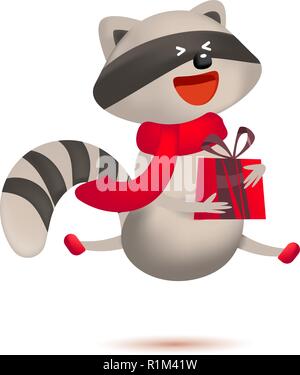 Carino poco sorridente raccoon con un regalo. Messaggio di saluto festivo card. Vettore isolato illustrazione. Carino Raccoon con dono e auguri di Natale Illustrazione Vettoriale