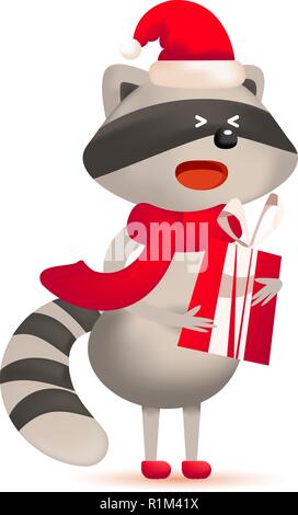 Carino poco sorridente raccoon con un regalo. Messaggio di saluto festivo card. Vettore isolato illustrazione. Carino Raccoon con dono e auguri di Natale Illustrazione Vettoriale
