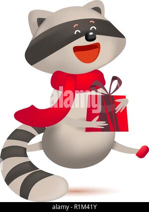 Carino poco sorridente raccoon con un regalo. Messaggio di saluto festivo card. Vettore isolato illustrazione. Carino Raccoon con dono e auguri di Natale Illustrazione Vettoriale