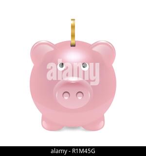 Vettore tridimensionale realistico retrò Rosa Salvadanaio Closeup isolati su sfondo bianco. Modello di progetto di maiale di denaro per la grafica, banner. Soldi, finanziari, risparmi, Nuovo anno 2019 Concept. Vista frontale Illustrazione Vettoriale