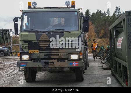 Stati Uniti Marine Corps Cpl. Jaylyn A. Montana con arrivo e operazioni di assemblaggio Elemento, secondo Marine Group-Forward Logistica, verifica un manifesto di apparecchiature durante l'esercizio Trident frangente 18 in inferno, Norvegia, dal 15 ottobre 2018. I marines scaricate i carrelli consegnati ulteriori pannelli di potenza e riscaldatori per il camp. Trident frangente 18 migliora gli Stati Uniti e gli alleati della NATO e soci per la capacità di lavorare insieme collettivamente a condurre operazioni militari sotto condizioni impegnative. Foto Stock