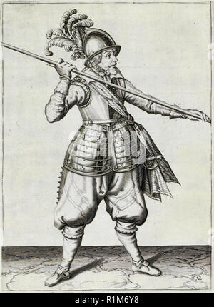 Pikeman, illustrazione da "la manipolazione di armi, Arquebus, moschetti e picche", 1608 (incisione) di Jacob de Gheyn. Amsterdam, 1608 Foto Stock