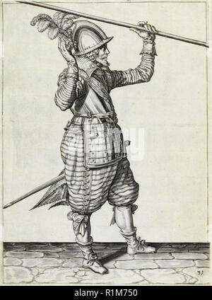 Pikeman, illustrazione da "la manipolazione di armi, Arquebus, moschetti e picche", 1608 (incisione) di Jacob de Gheyn. Amsterdam, 1608 Foto Stock