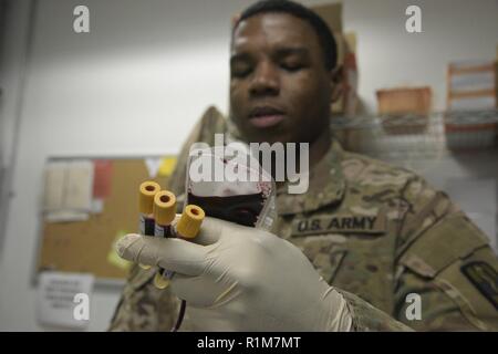 Stati Uniti Army Spc. Emmanuel Elien, 440th sangue distacco supporto medico tecnico di laboratorio, raccoglie i campioni di sangue da un donatore di piastrine a schermo in corrispondenza del giunto di Craig Theatre ospedale di Bagram Airfield, Afghanistan, 10 ottobre, 2018. I donatori sono sottoposti a screening prima di assicurare una sana le piastrine vengono adottate. Disqualifiers in Afghanistan includono chiunque con un cuore o di sangue condizione, alcuni farmaci o qualsiasi femmina che non è mai stata incinta. Foto Stock