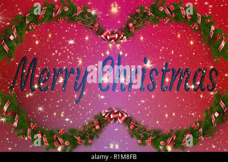 Albero di natale rami con bacche rosse decorazione rosso sul gradiente dello sfondo con le stelle Foto Stock