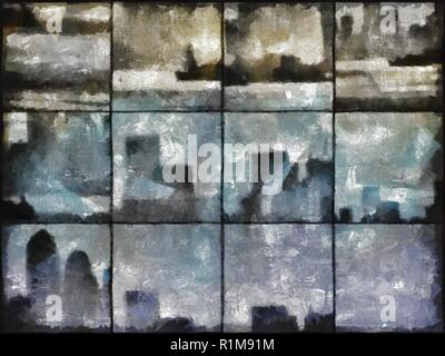 Una pittura astratta. Silhouette urbana sulla piazza mosaico. Foto Stock