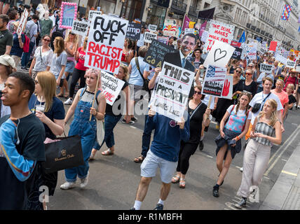 100 000 persone hanno dimostrato contro la visita di Donal Trump AL REGNO UNITO, Londra 13 Luglio 2018 Foto Stock