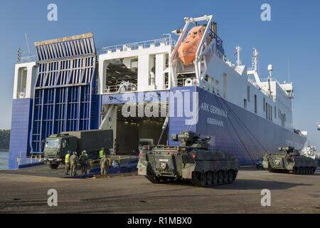 Scarico del combattimento blindati veicolo Marder dal danese di roll-on roll-off nave Arca Germania dal porto tedesco società di handling del battaglione della logistica 161 nel porto di Fredrikstad in Norvegia. Esercitazione NATO Trident Frangente in Norvegia, Fredrikstad su 11.10.2018. Foto Stock