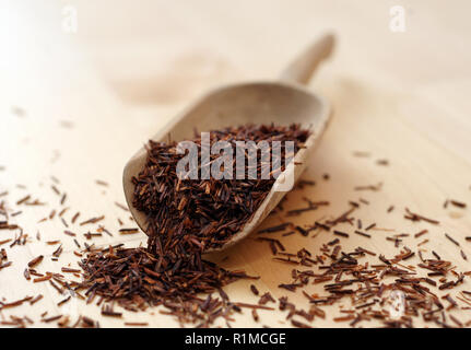 Asciugare Rooibos tè in un tè in legno pala Foto Stock