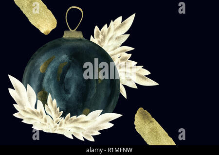 Isolato su sfondo nero nero acquerello palla di Natale con decorazioni dorate Foto Stock