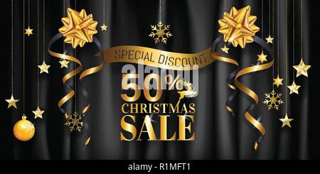 Vendita di Natale design banner pronto per l'uso per poster, brochure, web, pubblicità con il 50% di sconto speciale in oro su nero crumple tela satinata indietro Illustrazione Vettoriale