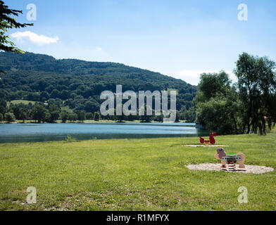 Parco giochi per bambini con il bilanciere a cavallo e lion a Pleschinger vedere/ lago a Linz, Austria superiore Foto Stock