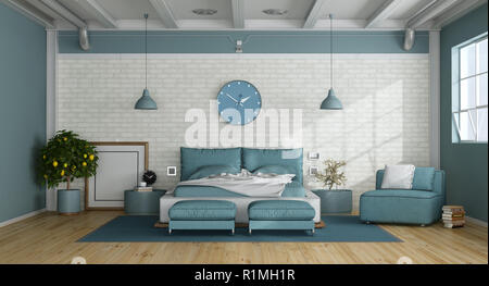 Blue master camera da letto in soppalco con letto matrimoniale, poltrona e bianco muro di mattoni - il rendering 3D Foto Stock