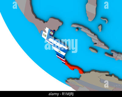 America centrale con embedded bandiere nazionali su semplice globo 3D. 3D'illustrazione. Foto Stock