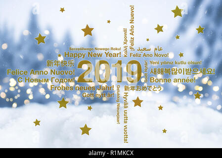 Felice Anno Nuovo in diverse lingue biglietto di auguri con il paesaggio innevato in background blured Foto Stock