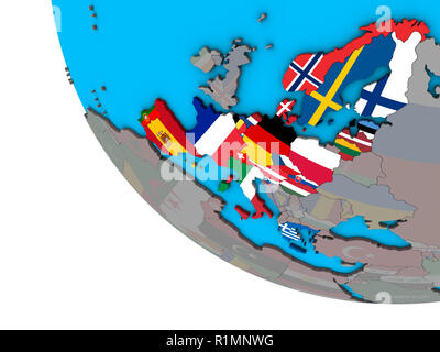 Area Schengen membri con embedded bandiere nazionali su semplice globo 3D. 3D'illustrazione. Foto Stock