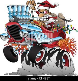 Hot Rod Santa Natale auto fumetto illustrazione vettoriale Illustrazione Vettoriale