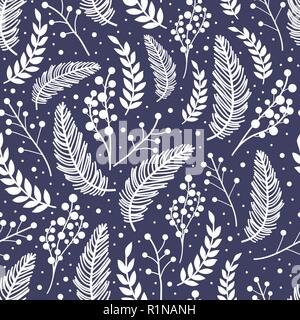 Whimsical motivo ripetitivo. Natale e tema d'inverno. Piante, bacche e foglie. Disegnata a mano stile. Illustrazione Vettoriale