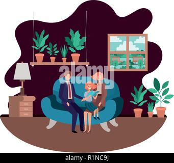 I genitori giovane con daugether seduto in soggiorno Illustrazione Vettoriale