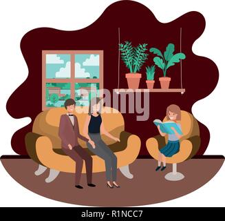 I genitori giovane con daugether seduto in soggiorno Illustrazione Vettoriale