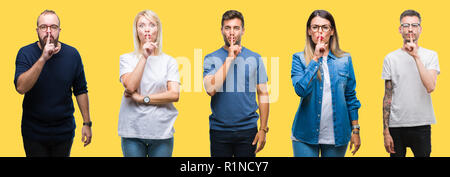 Collage di gruppo di persone, donne e uomini più colorato di giallo sfondo isolata chiedendo di essere tranquillo con il dito sulle labbra. Il silenzio e il segreto del concetto. Foto Stock