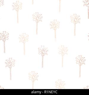 Oro rosa lamina di rame abstract palme seamless disegno vettoriale. Shiny palme su sfondo bianco. Moderno design elegante per invito card , festa estiva, banner web, home decor, articoli di cartoleria Illustrazione Vettoriale