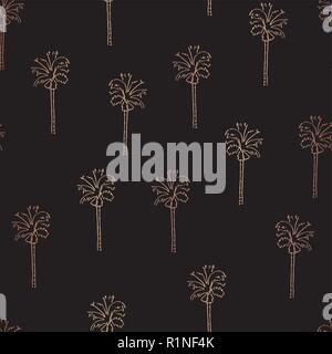 Oro rosa lamina di rame abstract palme seamless disegno vettoriale. Shiny palme su sfondo nero. Moderno design elegante per invito card , festa estiva, banner web, home decor, articoli di cartoleria Illustrazione Vettoriale