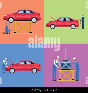 Impostare dei lavoratori nella fabbrica di automobili collezione illustrazione vettoriale graphic design Illustrazione Vettoriale