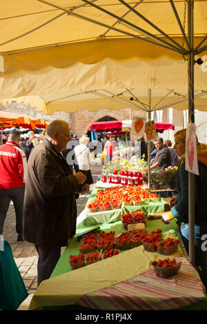 Villeneuve-sur-lotto, Francia - 1 Aprile 2017: Shoppers brave una fredda mattina di primavera presso il mercato del sabato a Villeneuve-sur-Lot, Lot-et-Garonne, Francia Foto Stock